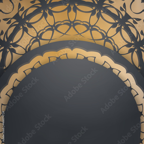 Flyer template in black color with a gold mandala pattern prepared for printing.