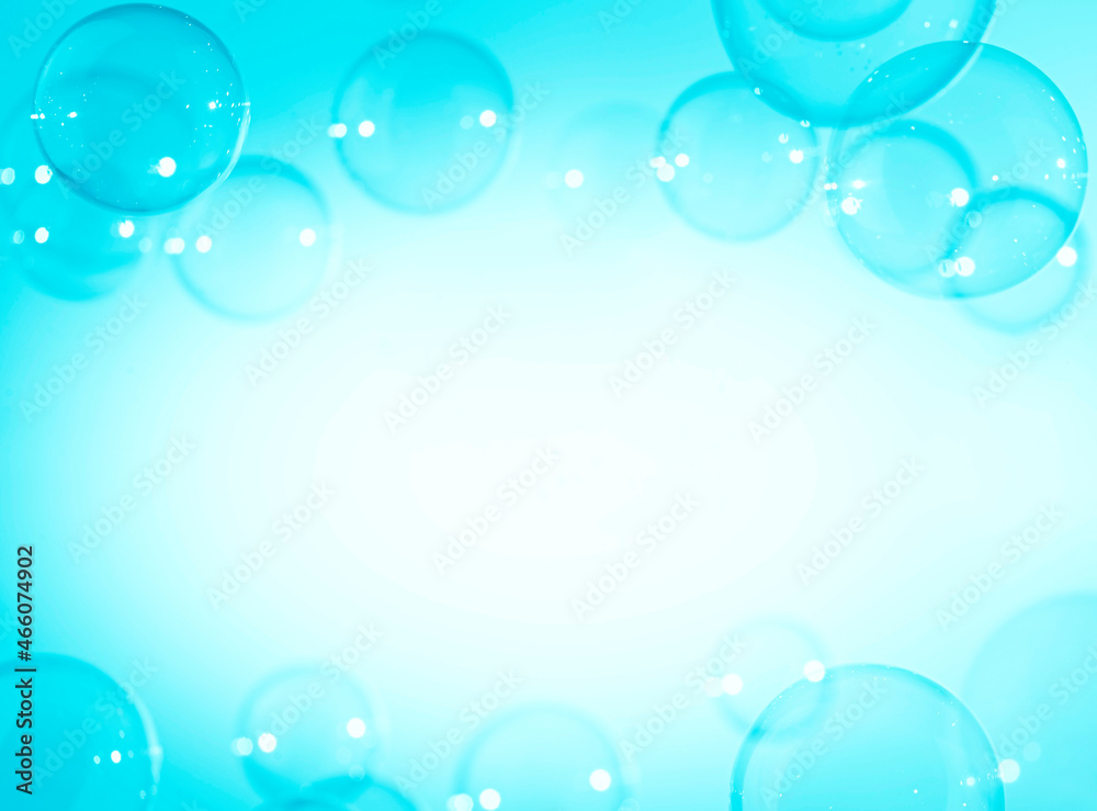 Beautiful Transparent a Blue Soap Bubbles Frame Background. White Copy Space