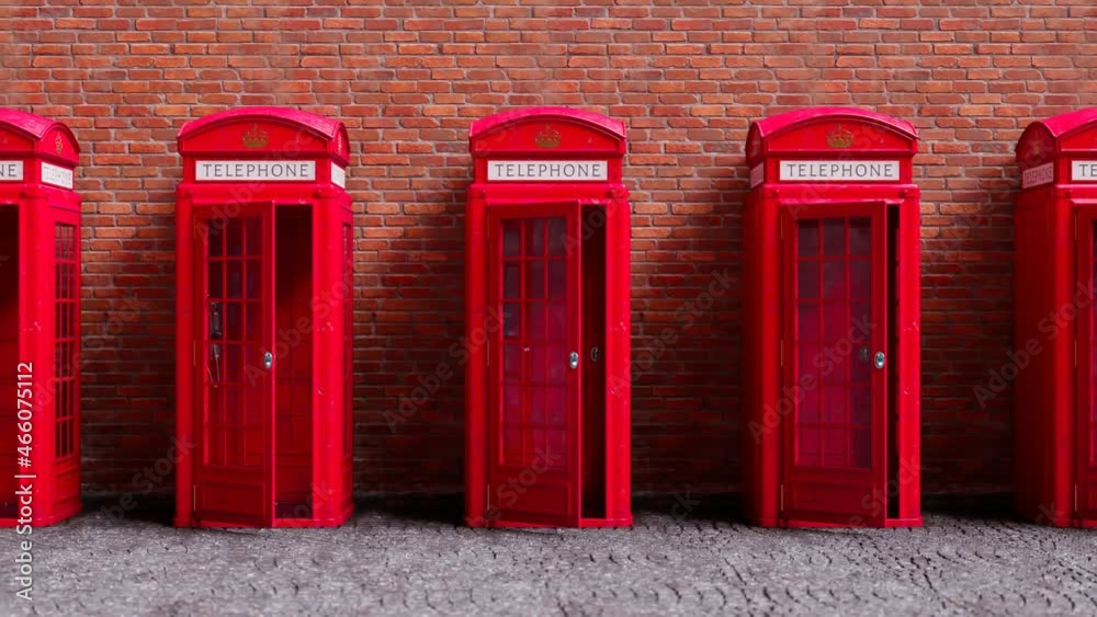 Seamless looping animation with red phone booths on the brick wall background.