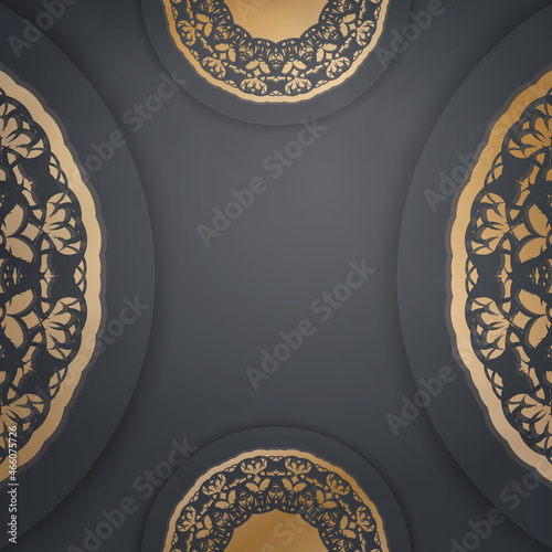 Template Postcard in black with Indian gold pattern prepared for printing.