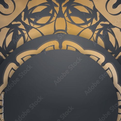 Greeting card template in black color with luxurious gold pattern prepared for printing.