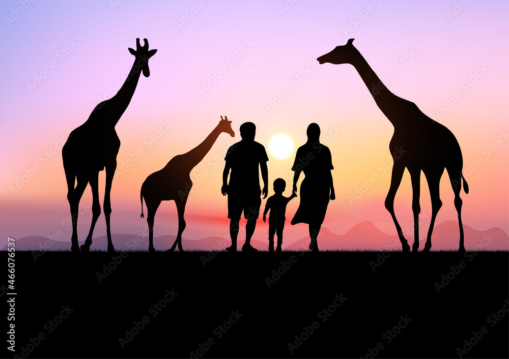 graphics landscape view father mother and son with a giraffe at the forest with mountain background and twilight silhouette vector illustration graphics landscape view father mother and son with a giraffe at the forest with mountain background and twilight silhouette vector illustration