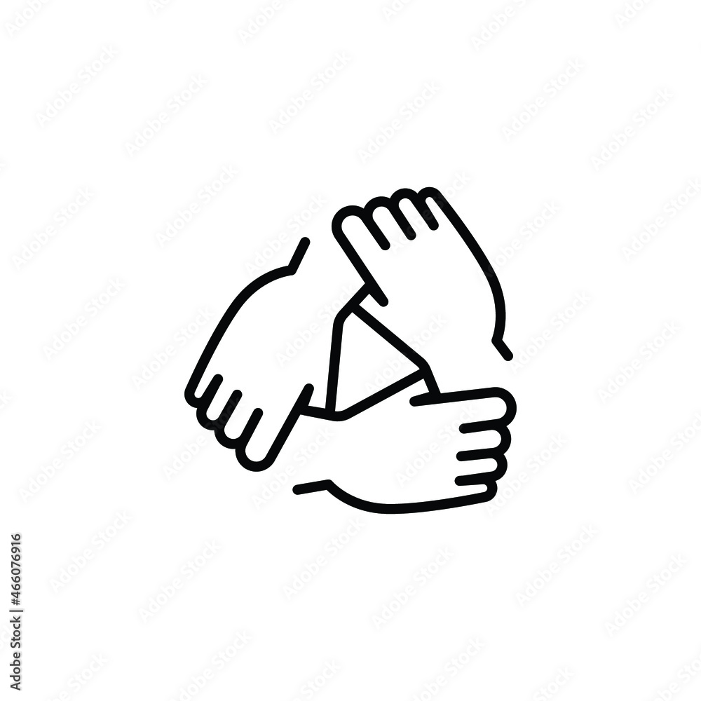 Obraz premium Three hands support each other line icon. Simple outline style. Team, hand, work together, partnership, group, help, concept of teamwork. Vector illustration design isolated on white background EPS 10