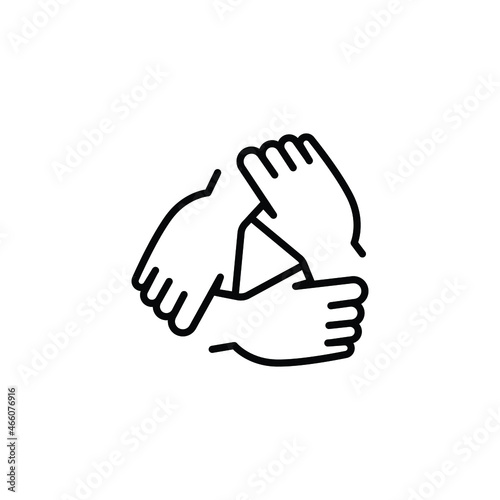 Three hands support each other line icon. Simple outline style. Team, hand, work together, partnership, group, help, concept of teamwork. Vector illustration design isolated on white background EPS 10