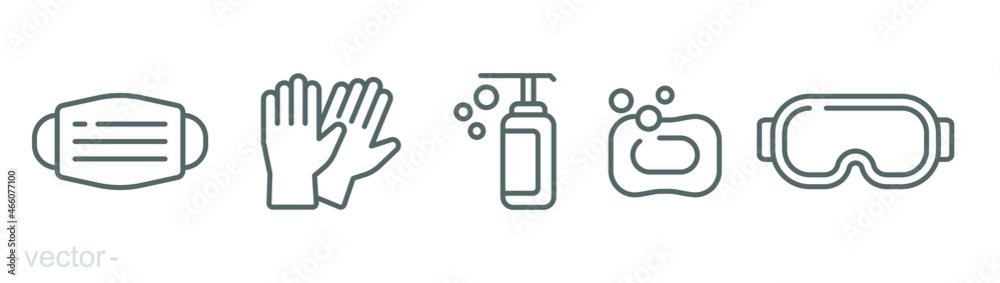 Personal protection equipment icons. Medical mask, latex gloves, soap, dispenser, protective glasses, covid 19 prevention. Outline symbols isolated. Vector illustration. Editable stroke EPS 10 Personal protection equipment icons. Medical mask, latex gloves, soap, dispenser, protective glasses, covid 19 prevention. Outline symbols isolated. Vector illustration. Editable stroke EPS 10