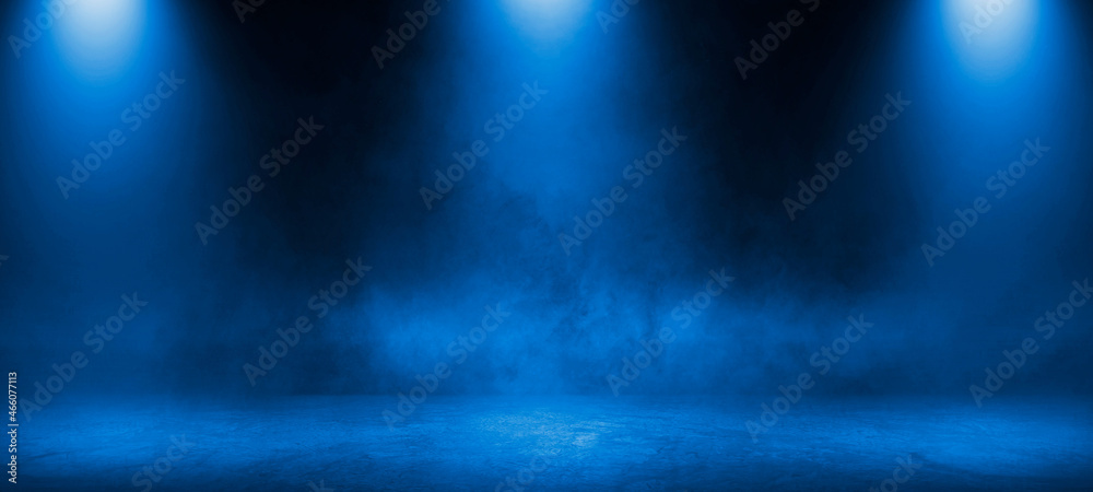 Empty dark scene blue abstract stage, neon light, spotlights, and studio room with smoke float up the interior texture for display products wall background.