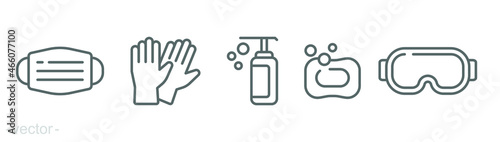 Personal protection equipment icons. Medical mask, latex gloves, soap, dispenser, protective glasses, covid 19 prevention. Outline symbols isolated. Vector illustration. Editable stroke EPS 10