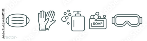 Personal protection equipment icons. Medical mask, latex gloves, soap, dispenser, protective glasses, covid 19 prevention. Outline symbols isolated. Vector illustration. Editable stroke EPS 10
