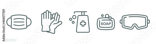 Personal protection equipment icons. Medical mask, latex gloves, soap, dispenser, protective glasses, covid 19 prevention. Outline symbols isolated. Vector illustration. Editable stroke EPS 10