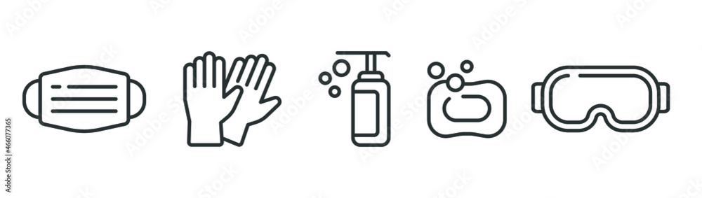 Personal protection equipment icons. Medical mask, latex gloves, soap, dispenser, protective glasses, Coronavirus, covid 19 prevention items. Line, outline symbols isolated. Vector illustration EPS 10 Personal protection equipment icons. Medical mask, latex gloves, soap, dispenser, protective glasses, Coronavirus, covid 19 prevention items. Line, outline symbols isolated. Vector illustration EPS 10