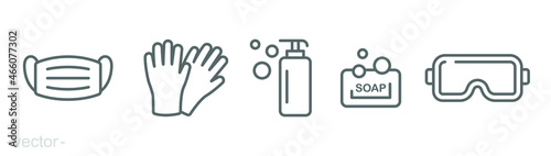 Personal protection equipment icons. Medical mask, latex gloves, soap, dispenser, protective glasses, covid 19 prevention. Outline symbols isolated. Vector illustration. Editable stroke EPS 10