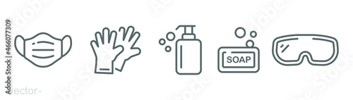 Personal protection equipment icons. Medical mask, latex gloves, soap, dispenser, protective glasses, covid 19 prevention. Outline symbols isolated. Vector illustration. Editable stroke EPS 10