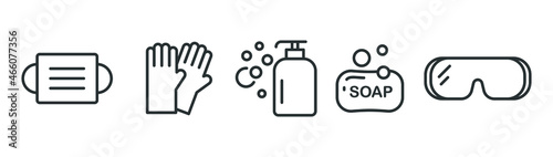 Personal protection equipment icons. Medical mask, latex gloves, soap, dispenser, protective glasses, Coronavirus, covid 19 prevention items. Line, outline symbols isolated. Vector illustration EPS 10