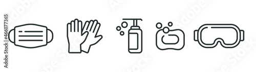 Personal protection equipment icons. Medical mask, latex gloves, soap, dispenser, protective glasses, Coronavirus, covid 19 prevention items. Line, outline symbols isolated. Vector illustration EPS 10