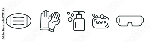 Personal protection equipment icons. Medical mask, latex gloves, soap, dispenser, protective glasses, Coronavirus, covid 19 prevention items. Line, outline symbols isolated. Vector illustration EPS 10