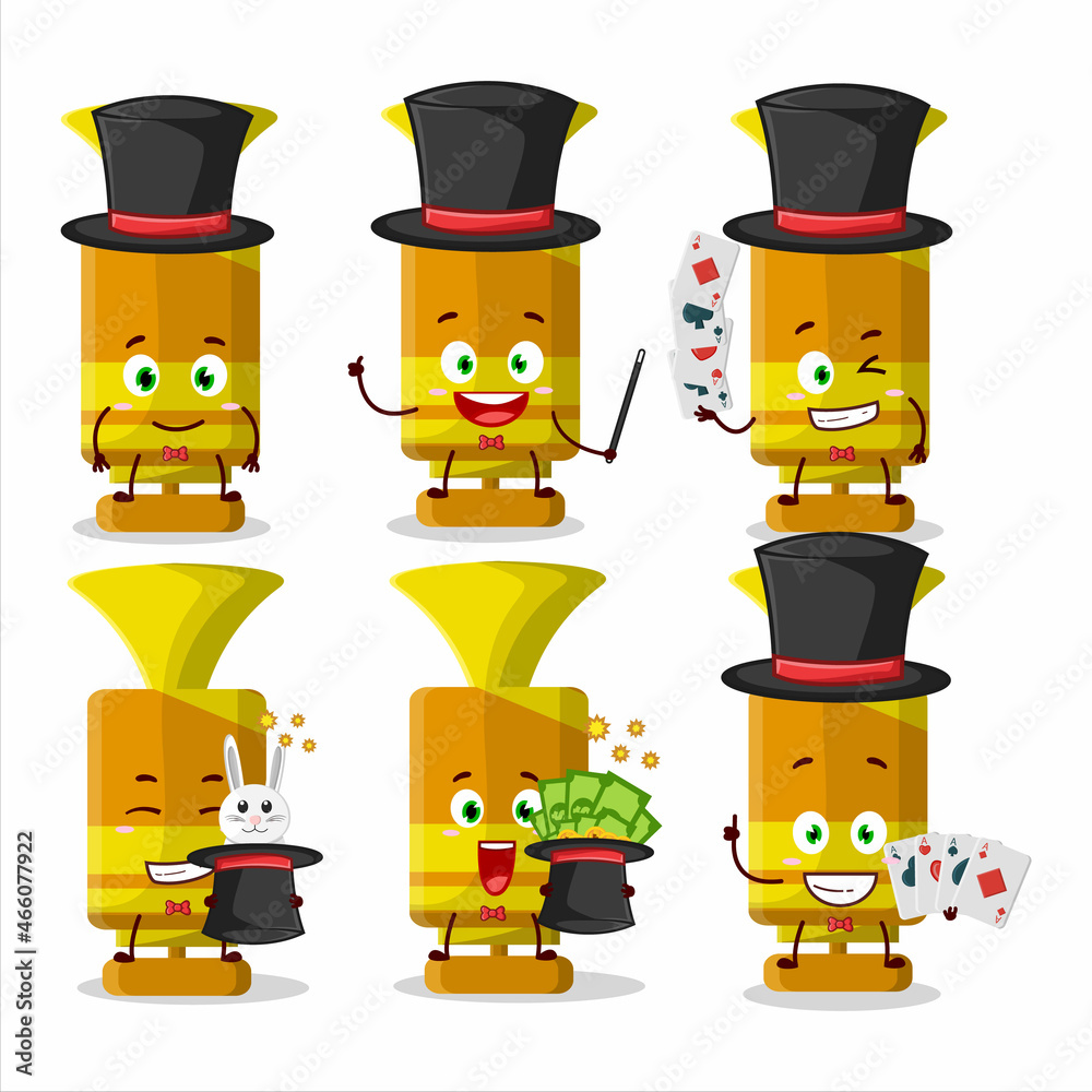 A orange spray trumpet Magician cartoon character perform on a stage A orange spray trumpet Magician cartoon character perform on a stage