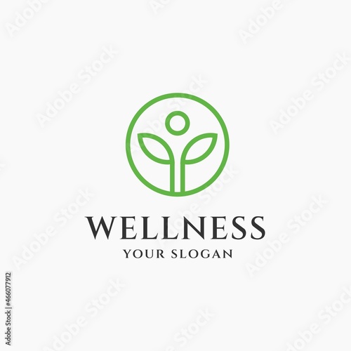 Wellness logo design. Green Leaf Leaves with Human icon symbol, for Healthy, Meditation, Yoga, Spa, Therapy logo design inspirations 