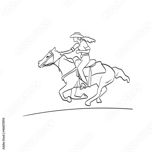 cowgirl riding on horseback running illustration vector isolated on white background line art.