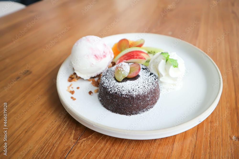 chocolate cake or chocolate lava cake with ice cream. chocolate cake or chocolate lava cake with ice cream.