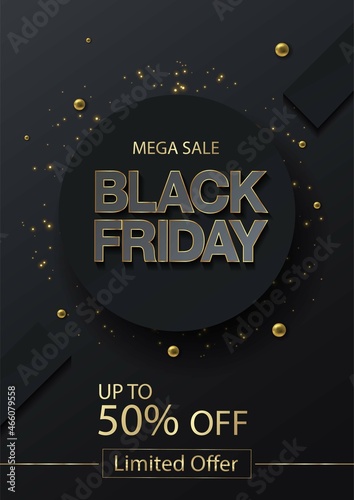 Black Friday limited sale offer. Dark background golden text lettering. vertical banner, poster, header website. vector illustration