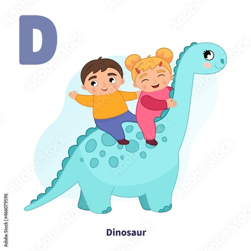 English alphabet with cartoon cute children illustrations. Kids learning material. Letter D. Cute boy and girl sit astride a dinosaur.
