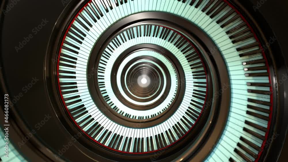 Animation of the piano keyboard. Piano keys create a spiral. Musical background.