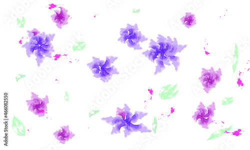 Pink purple flowers with leaves on white background. Vector illustration.