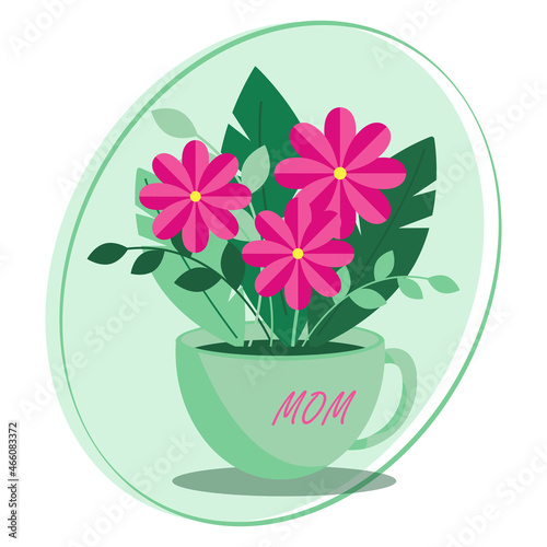 Happy Mother's Day. Vector postcard with a bouquet of flowers and a cup.