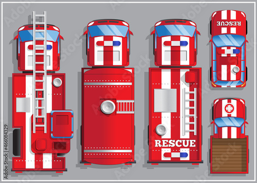 A set of fire trucks. Vector illustration. View from above.