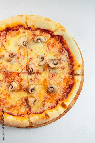 white background, pizza with mushrooms