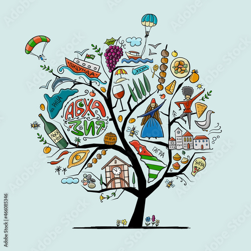 Abkhazia Travel. Culture and People. Concept tree for your design