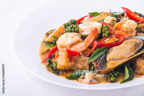 Seafood with sweet, sour and hot sauce