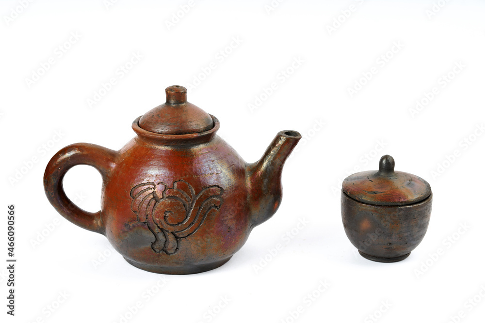 set of antique teapot isolated on white background