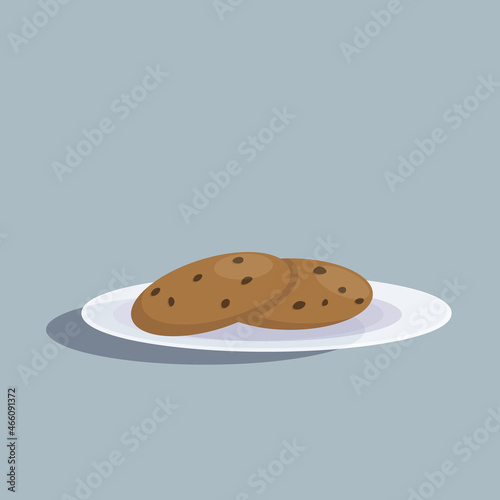 Glass saucer with chocolate chip cookies. Flat style. Elements for web designs.
