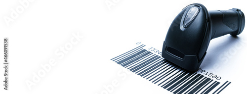 Barcode scanning. Reader laser scanner for warehouse. Retail label barcode scan isolated on white background. Warehouse inventory management.