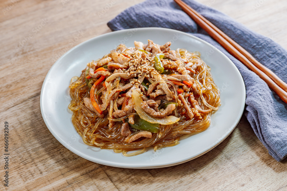 Korean style stir-fried glass noodles pork and vegetables Korean style stir-fried glass noodles pork and vegetables