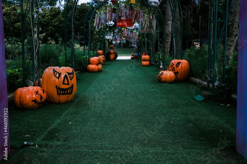Spooky and Creepy Park in Jakarta filled with Pumpkin head to celebrate the Halloween. Scarecrow with pumpkin head.