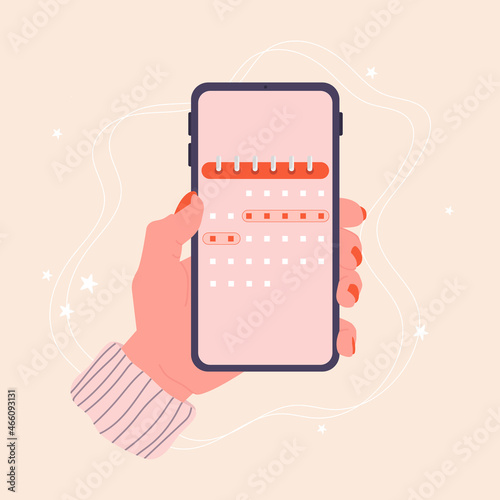 Menstrual cycle. Phone in hand with a calendar. Period. Phone app, ovulation tracking. Vector stock illustration on isolated white background.