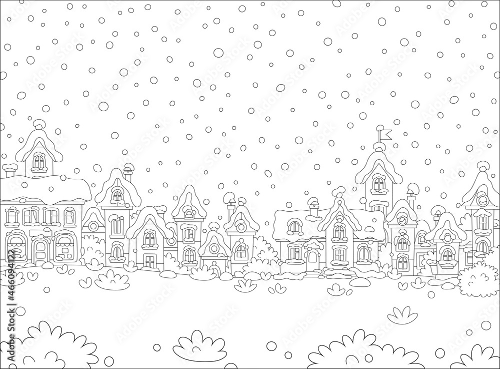 Christmas background with pretty houses of a small toy town on a cold and snowy winter day, black and white outline vector cartoon illustration for a coloring book page
