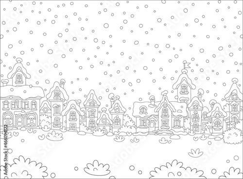 Fototapeta Naklejka Na Ścianę i Meble -  Christmas background with pretty houses of a small toy town on a cold and snowy winter day, black and white outline vector cartoon illustration for a coloring book page