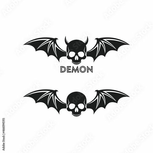 Set of black and white illustrations of a skull, wings, text on a white background. Design element for print, emblem, label, sticker and poster. Vector illustration. Halloween. Symbolism.