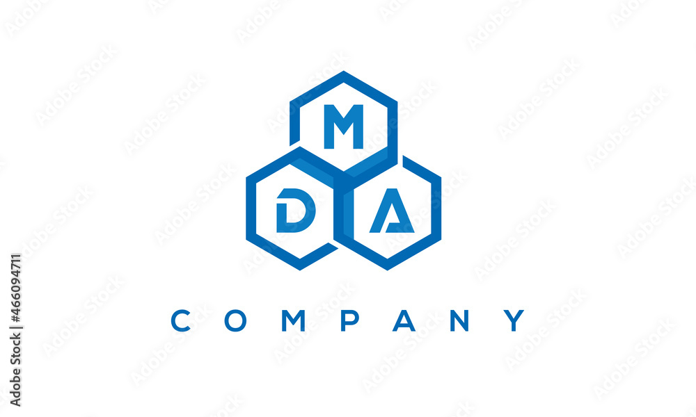 MDA letters design logo with three polygon hexagon logo vector template