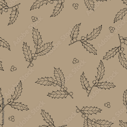 Christmas seamless pattern with holly branch