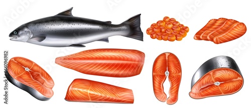 Salmon whole red fish, caviar, raw steaks and fillet realistic isolated vector illustration. Seafood meal.