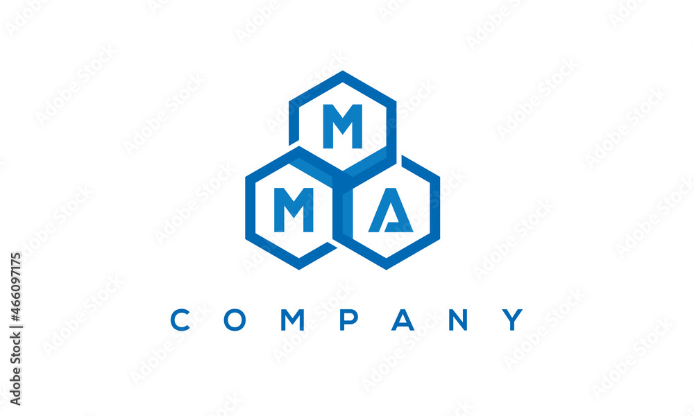 MMA letters design logo with three polygon hexagon logo vector template