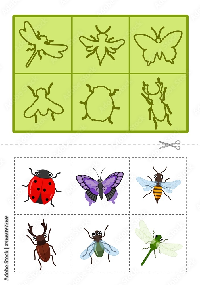 Educational  game for children. Find the right shadow. Cute cartoon  insects. Contour lotto for toddlers.
