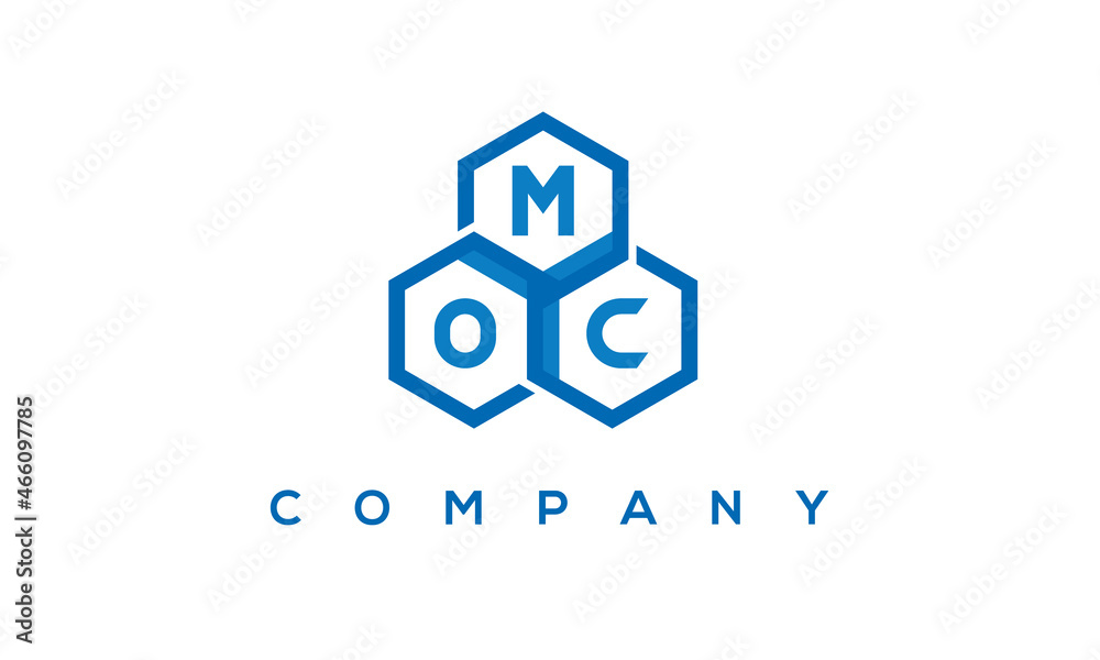 MOC letters design logo with three polygon hexagon logo vector template