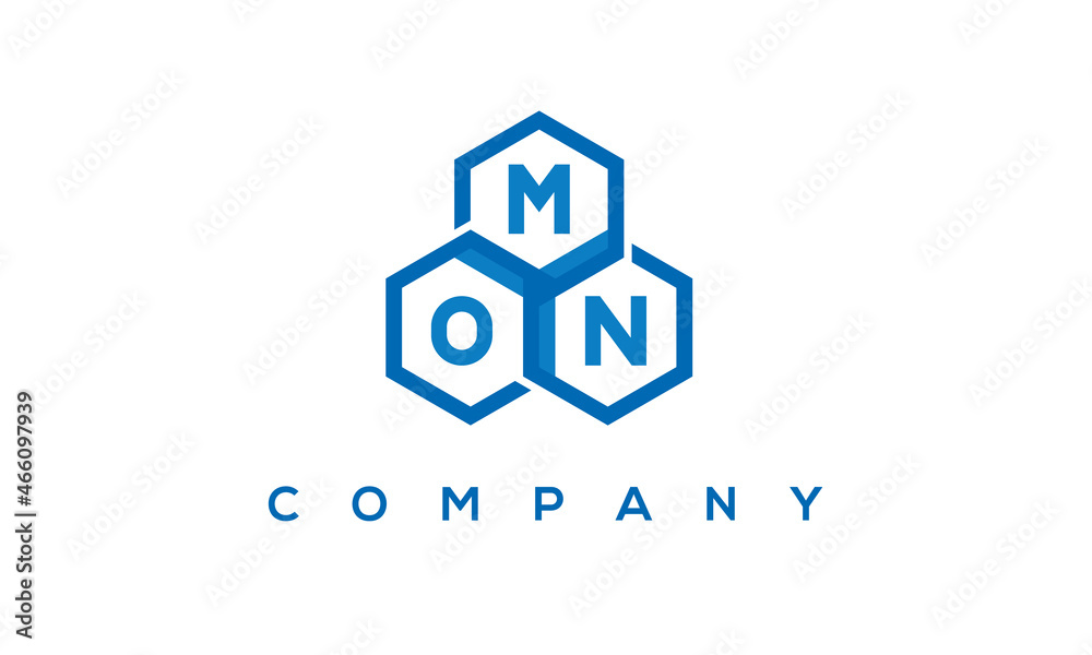 MON letters design logo with three polygon hexagon logo vector template