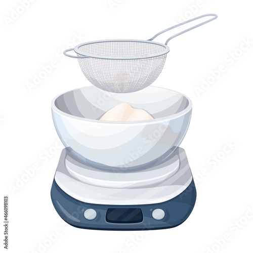 Sow flour through sieve into the cup kitchen scale. Vector illustration.