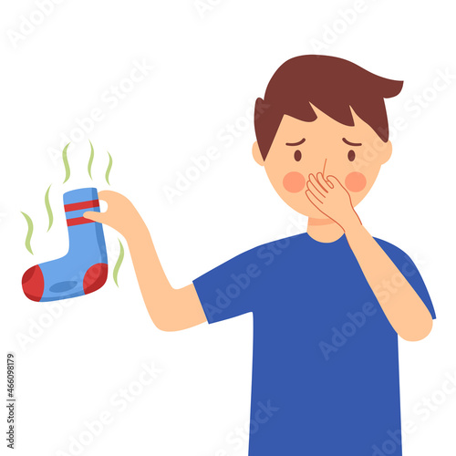 Boy child holding smelly sock and cover his nose in flat design on white background. photo